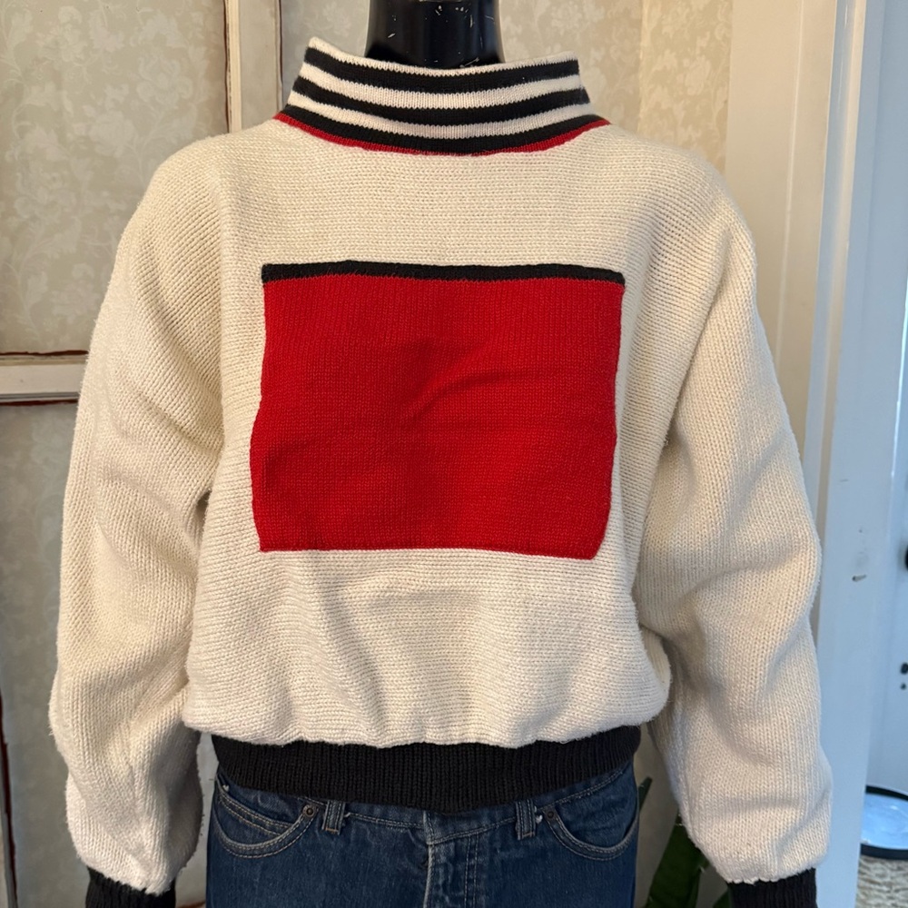 VTG Maria Rodriguez Red Black Stripes Mock Neck Chunky Knit Sweater Sz Small